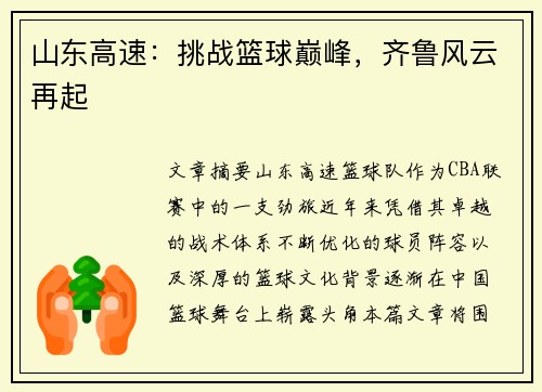 山东高速：挑战篮球巅峰，齐鲁风云再起