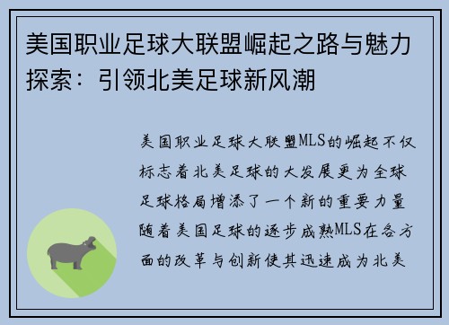 美国职业足球大联盟崛起之路与魅力探索:引领北美足球新风潮 美国职业足球大联盟崛起之路与魅力探索:引领北美足球新风潮